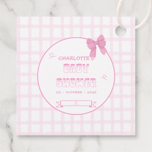 Schattigee Bow Pastel Pink Gingham Baby shower Squ Bedankjes Labels (Achterkant)