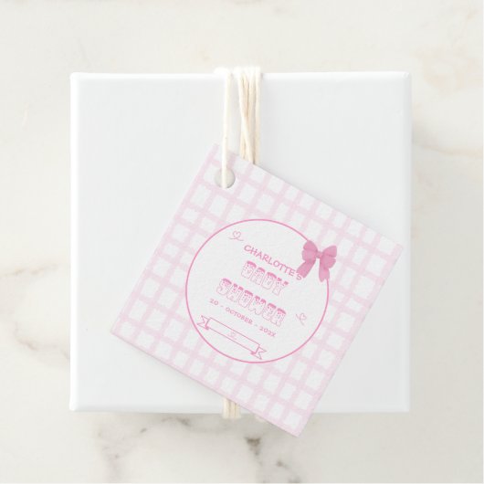 Schattigee Bow Pastel Pink Gingham Baby shower Squ Bedankjes Labels (In situ)
