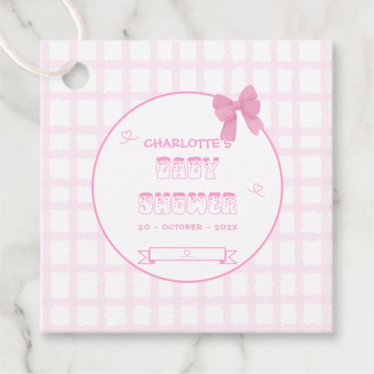 Schattigee Bow Pastel Pink Gingham Baby shower Squ Bedankjes Labels (Voorkant)