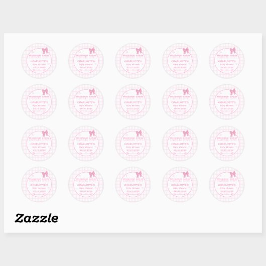 Schattigee Bow Pastel Roze Gingham Baby shower Dan Ronde Sticker (Vel)
