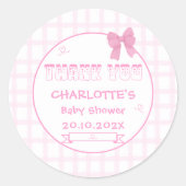 Schattigee Bow Pastel Roze Gingham Baby shower Dan Ronde Sticker (Voorkant)