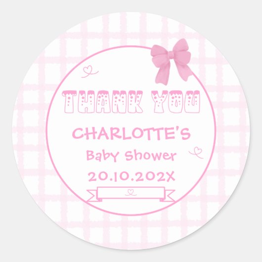Schattigee Bow Pastel Roze Gingham Baby shower Dan Ronde Sticker (Voorkant)