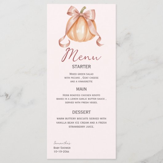 Schattigee Bow Pompoen Waterverf Roze Menu (Voorkant)