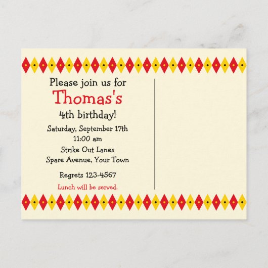 Schattigee Bowling Pin Verjaardag Uitnodiging Brie (Achterkant)