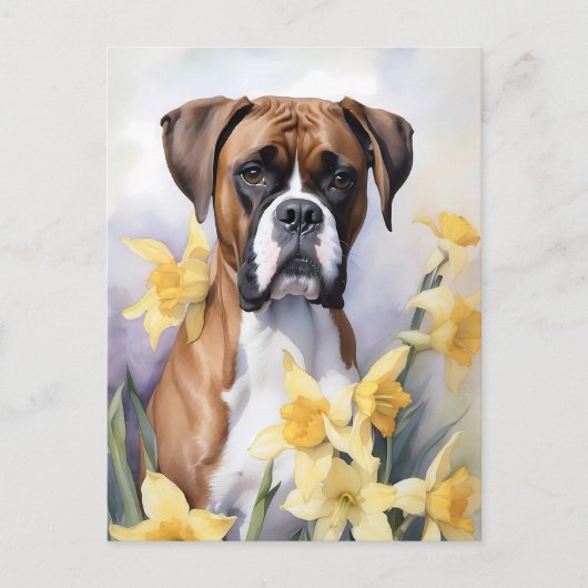 Schattigee Boxerhond met gele narcissen Waterverf Briefkaart (Voorkant)