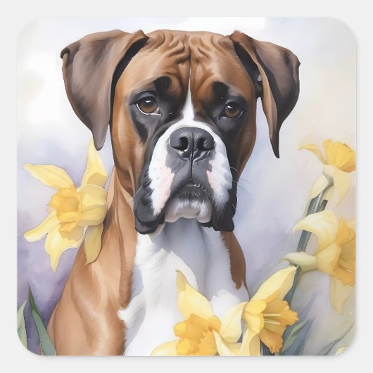 Schattigee Boxerhond met gele narcissen Waterverf Vierkante Sticker (Voorkant)