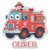 Schattigee brandweerwagen en brandweerman sticker (Voorkant)
