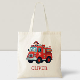 Schattigee brandweerwagen en brandweerman tote bag
