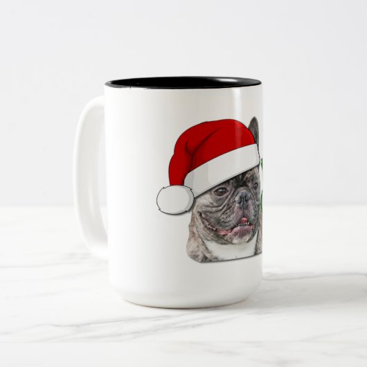 Schattigee Brindle Franse Bulldog Puppy Santa Tweekleurige Koffiemok (Voorkant links)