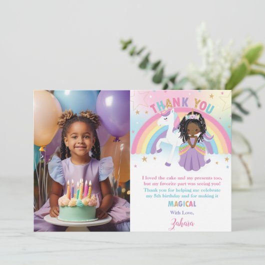 Schattigee Brown Princess Rainbow Unicorn Verjaard Bedankkaart (Staand voorkant)