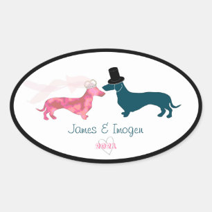Schattigee bruid & bruidegom Dachshund Ovale Sticker