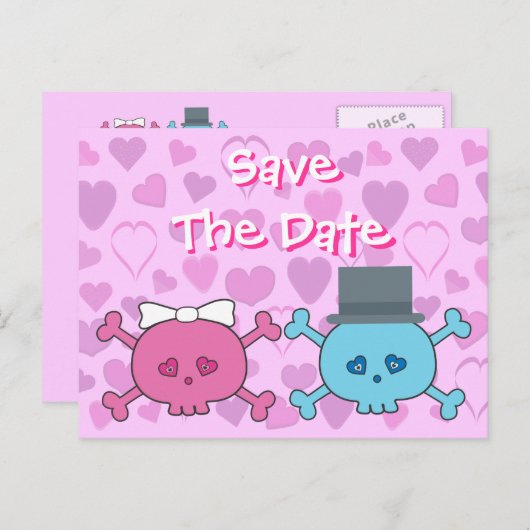 Schattigee bruid & bruidegom schedels Save the Dat Aankondigingskaart (Voorkant / Achterkant)