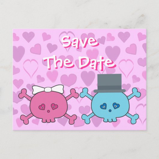 Schattigee bruid & bruidegom schedels Save the Dat Aankondigingskaart (Voorkant)