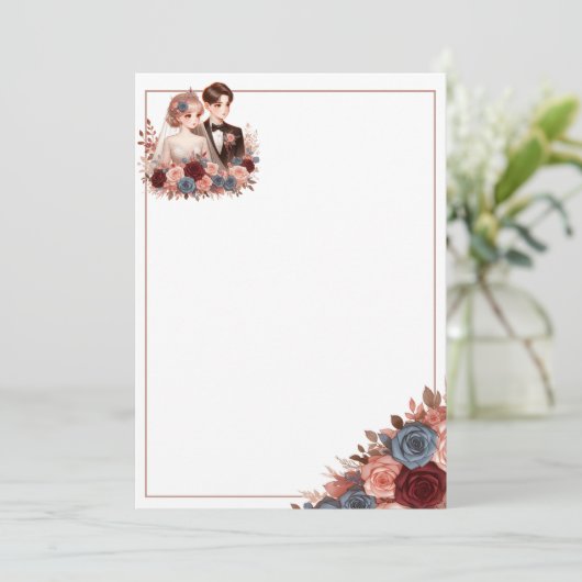 Schattigee bruid en bruidegom Blank Bloemen bruilo Kaart (Staand voorkant)