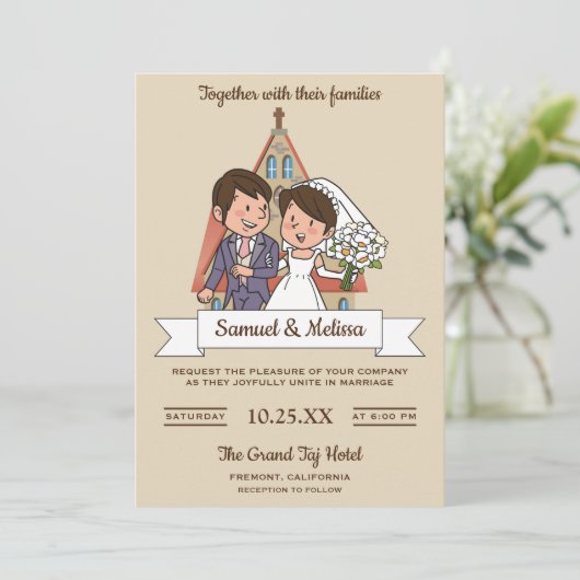 Schattigee bruid en bruidegom paar bruiloft uitnod kaart (Staand voorkant)