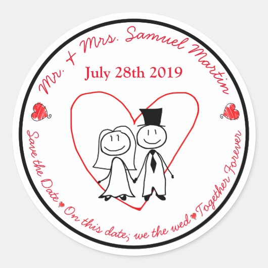 Schattigee bruid en bruidegom Stick figuur Envelop Ronde Sticker (Voorkant)