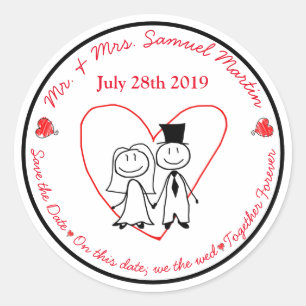 Schattigee bruid en bruidegom Stick figuur Envelop Ronde Sticker