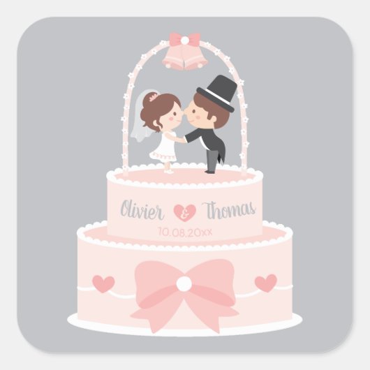 Schattigee bruid en bruidegom Topper Bruiloft Deco Vierkante Sticker (Voorkant)