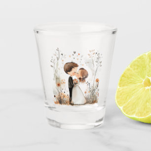 Schattigee bruid en bruidegom zoenen shot glas