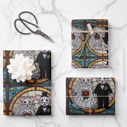 Schattigee bruiloft konijntje paar houden handen m inpakpapier vel (Voorkant)