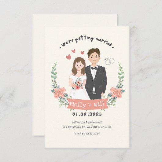 Schattigee bruiloft uitnodiging Verloving aankondi (Voorkant / Achterkant)