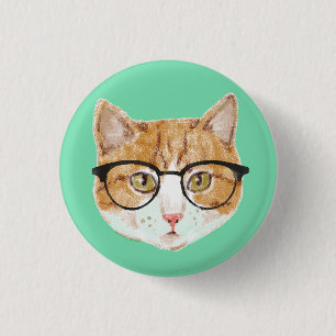 Schattigee bruin en witte kat met een bril ronde button 3,2 cm