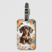Schattigee bruine Dachshund Puppy Peach Floral Bagagelabel (Voorkant (verticaal))