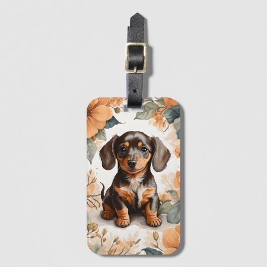 Schattigee bruine Dachshund Puppy Peach Floral Bagagelabel (Voorkant (verticaal))