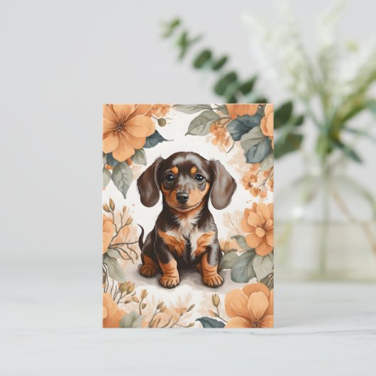 Schattigee bruine Dachshund Puppy Peach Floral Briefkaart (Staand voorkant)