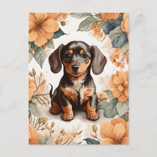 Schattigee bruine Dachshund Puppy Peach Floral Briefkaart (Voorkant)
