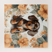 Schattigee bruine Dachshund Puppy Peach Floral Legpuzzel (Horizontaal)