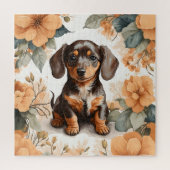 Schattigee bruine Dachshund Puppy Peach Floral Legpuzzel (Verticaal)