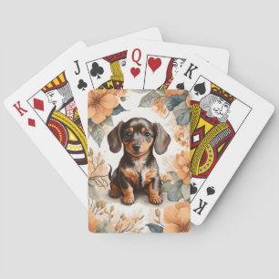 Schattigee bruine Dachshund Puppy Peach Floral Pokerkaarten