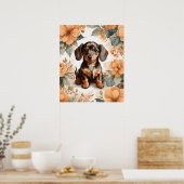 Schattigee bruine Dachshund Puppy Peach Floral Poster (Keuken)