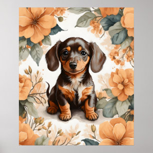 Schattigee bruine Dachshund Puppy Peach Floral Poster