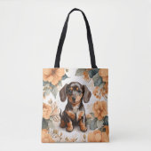 Schattigee bruine Dachshund Puppy Peach Floral Tote Bag (Voorkant)
