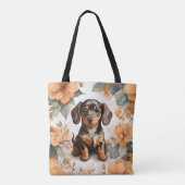 Schattigee bruine Dachshund Puppy Peach Floral Tote Bag (Achterkant)
