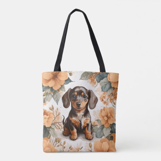 Schattigee bruine Dachshund Puppy Peach Floral Tote Bag (Achterkant)