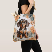 Schattigee bruine Dachshund Puppy Peach Floral Tote Bag (Dichtbij)
