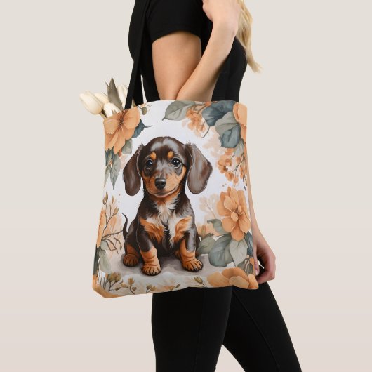 Schattigee bruine Dachshund Puppy Peach Floral Tote Bag (Dichtbij)