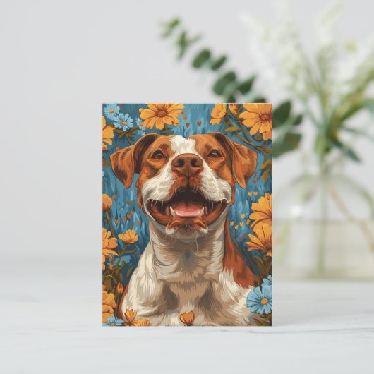 Schattigee bruine en witte hond en bloemen briefkaart (Staand voorkant)