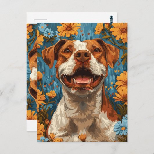 Schattigee bruine en witte hond en bloemen briefkaart (Voorkant / Achterkant)