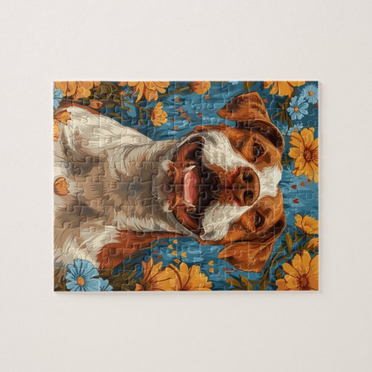 Schattigee bruine en witte hond en bloemen legpuzzel (Horizontaal)