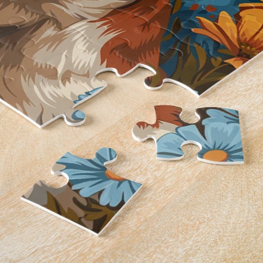 Schattigee bruine en witte hond en bloemen legpuzzel (Zijkant)