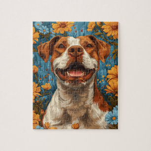 Schattigee bruine en witte hond en bloemen legpuzzel