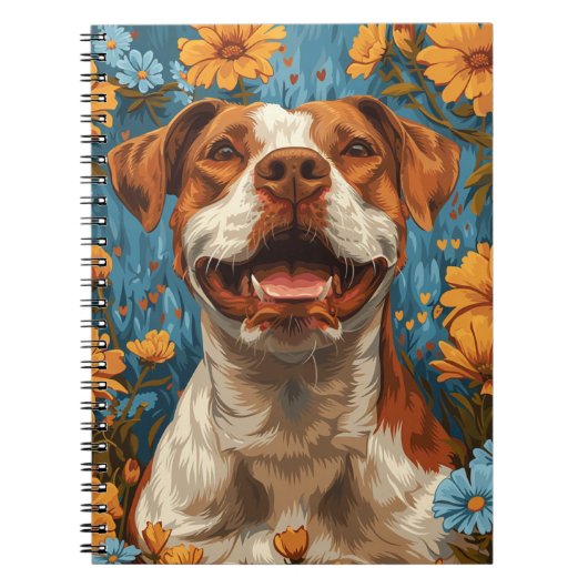 Schattigee bruine en witte hond en bloemen notitieboek (Voorkant)