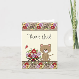 Schattigee bruine kat, bloemen en vlinder dank u bedankkaart