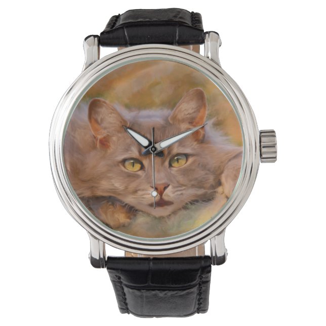 Schattigee Bruine Kat Waterverf Olieverfschilderij Horloge (Voorkant)