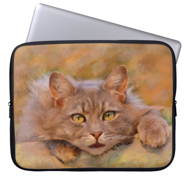 Schattigee Bruine Kat Waterverf Olieverfschilderij Laptop Sleeve (Voorkant)