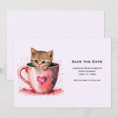 Schattigee bruine kitten in een theekopje save the date (Voorkant / Achterkant)